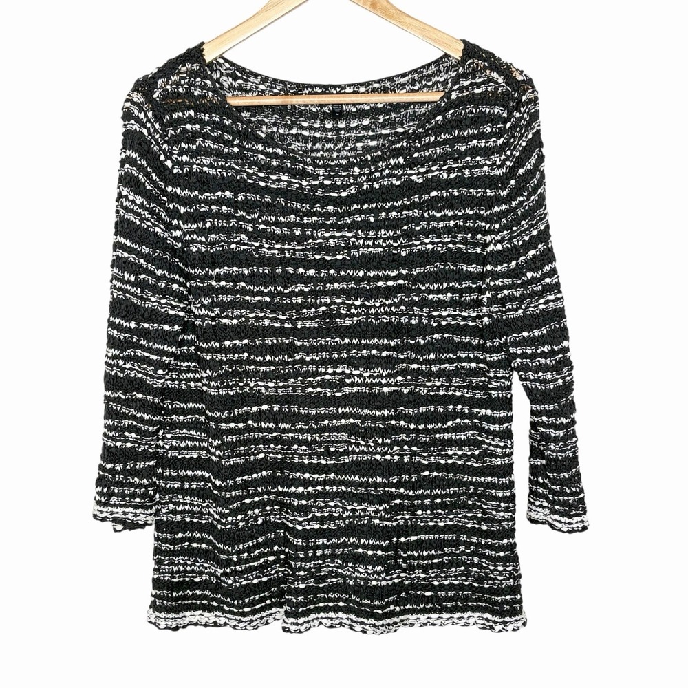 Eileen Fisher Textured Open Knit Cotton Sweater Black White Womens Size M Sheer